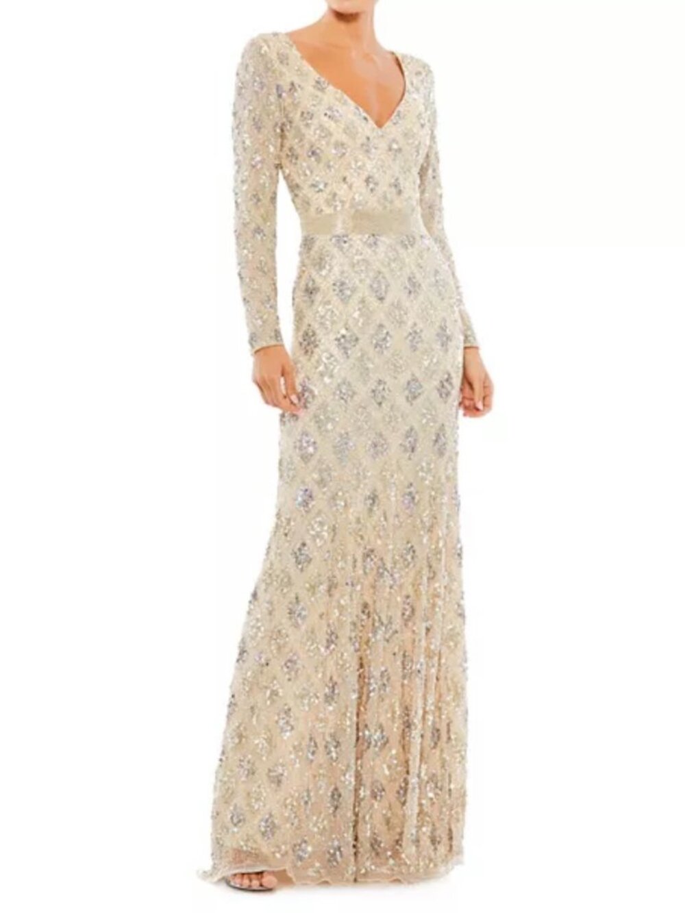 Mac Duggal Long Sleeve Nude/Silver Sequin Evening Gown NWT sz 6